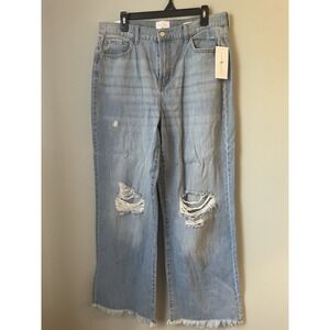 True Craft size 12 Relaxed Wide Leg jeans Raw Hem Distressed Light Wash